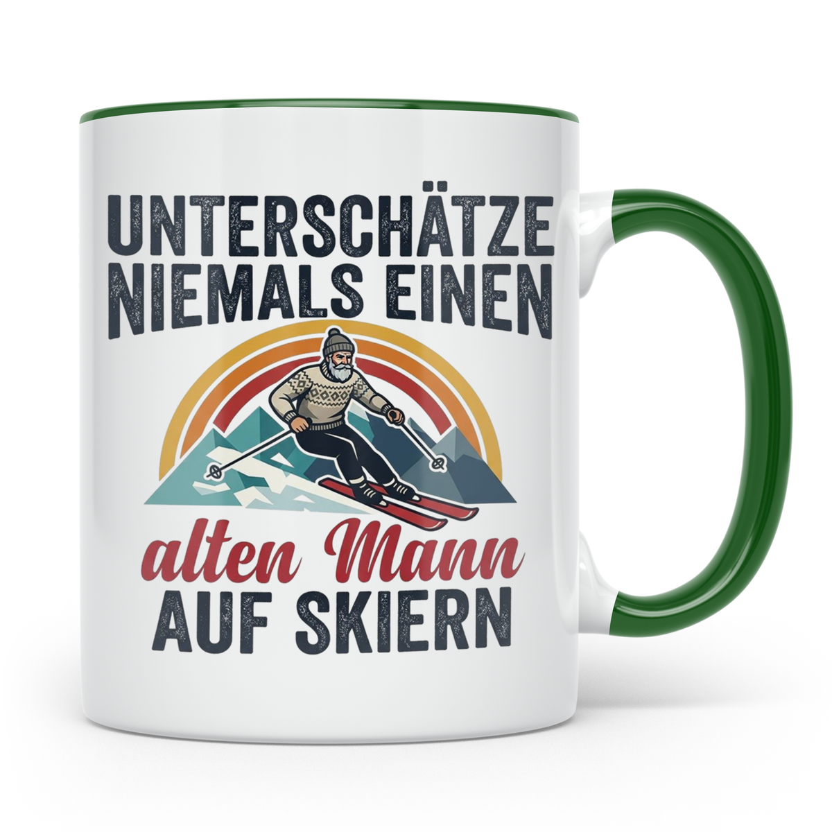 Alter Mann auf Skiern Tasse, lustiger Skifahrer Spruch für O – Grün [farbe:grün]