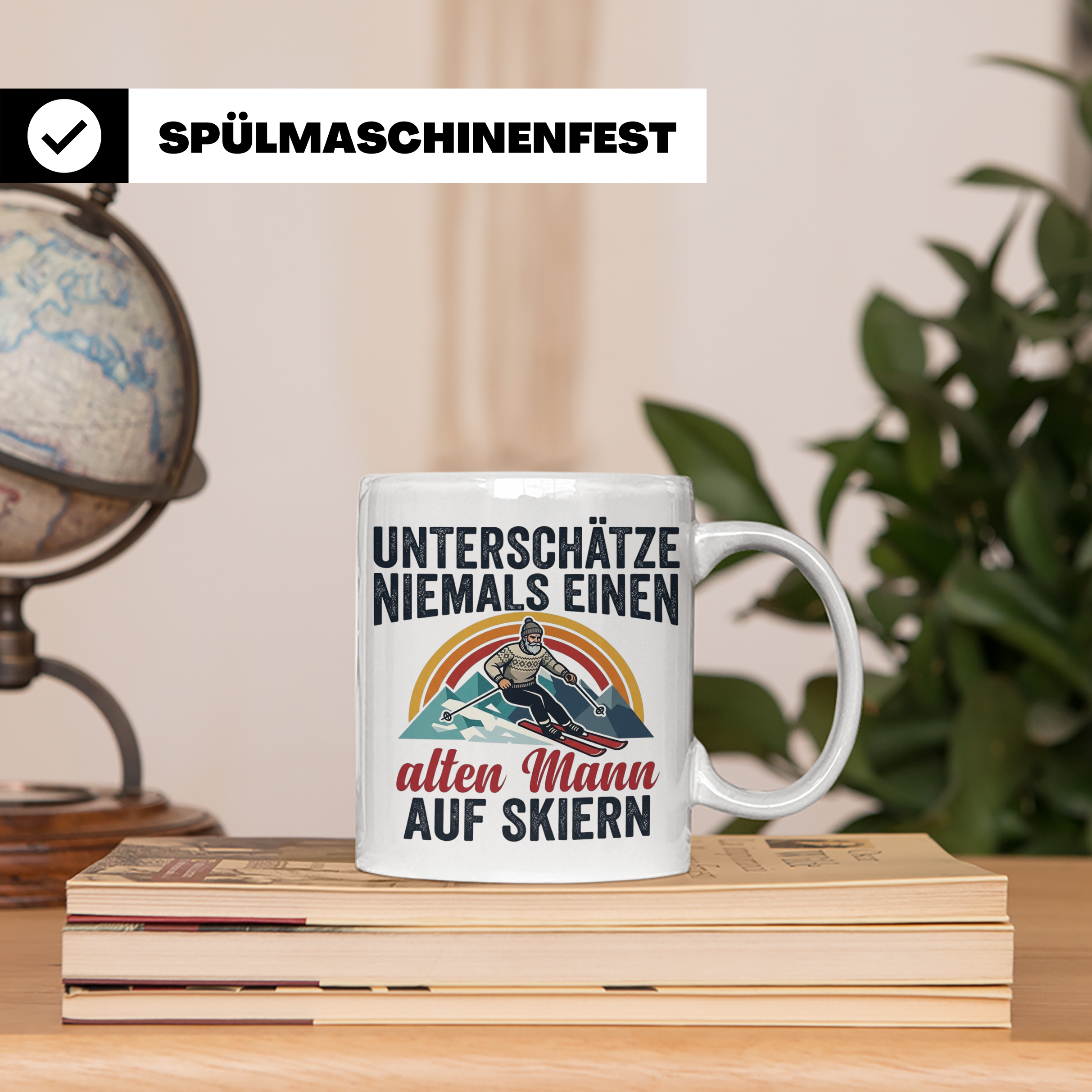 Alter Mann auf Skiern Tasse, lustiger Skifahrer Spruch für O – Weiß [farbe:weiß]