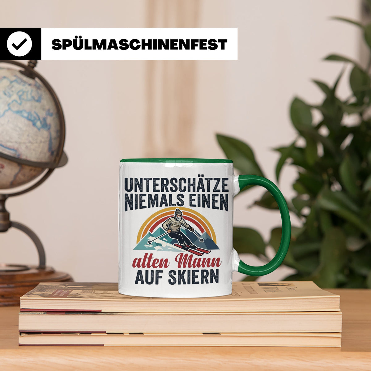 Alter Mann auf Skiern Tasse, lustiger Skifahrer Spruch für O – Grün [farbe:grün]