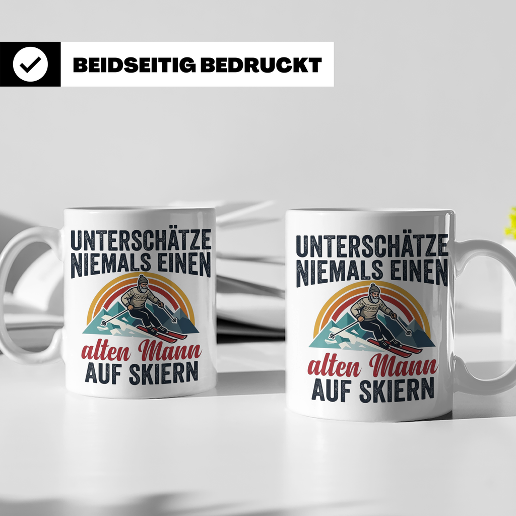 Alter Mann auf Skiern Tasse, lustiger Skifahrer Spruch für O – Weiß [farbe:weiß]