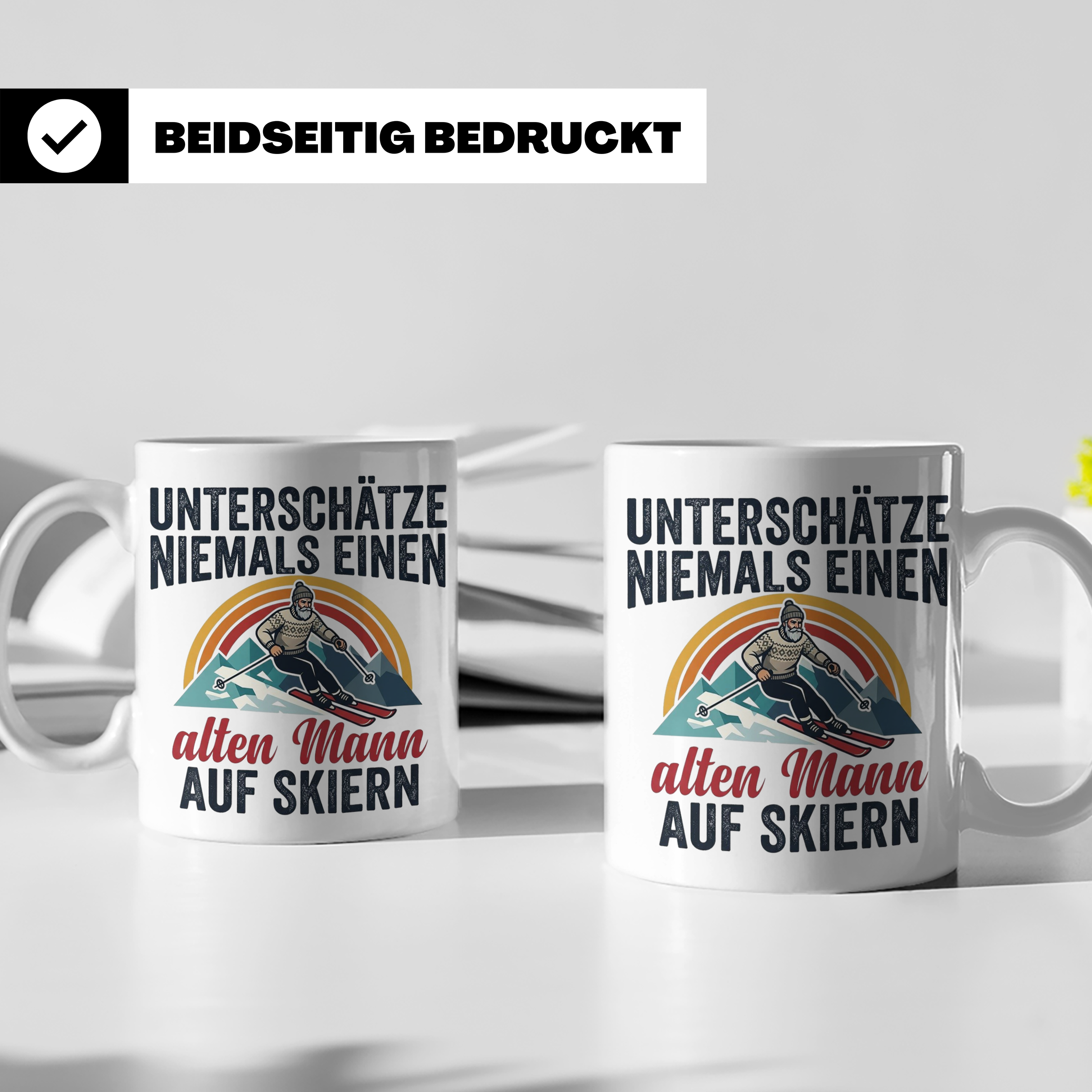 Alter Mann auf Skiern Tasse, lustiger Skifahrer Spruch für O – Weiß [farbe:weiß]