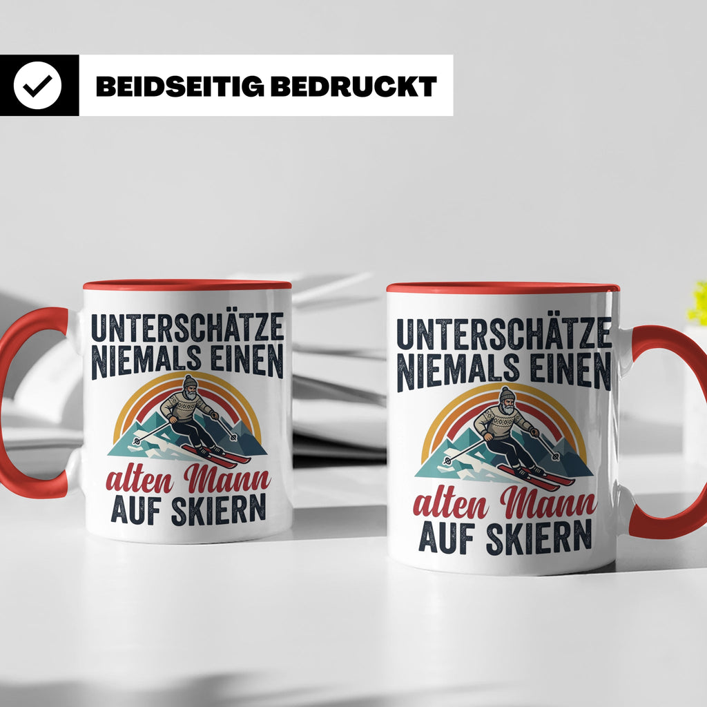Alter Mann auf Skiern Tasse, lustiger Skifahrer Spruch für O – Rot [farbe:rot]