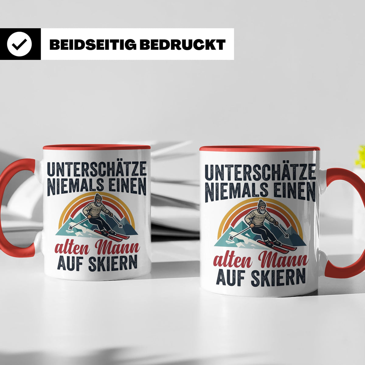 Alter Mann auf Skiern Tasse, lustiger Skifahrer Spruch für O – Rot [farbe:rot]