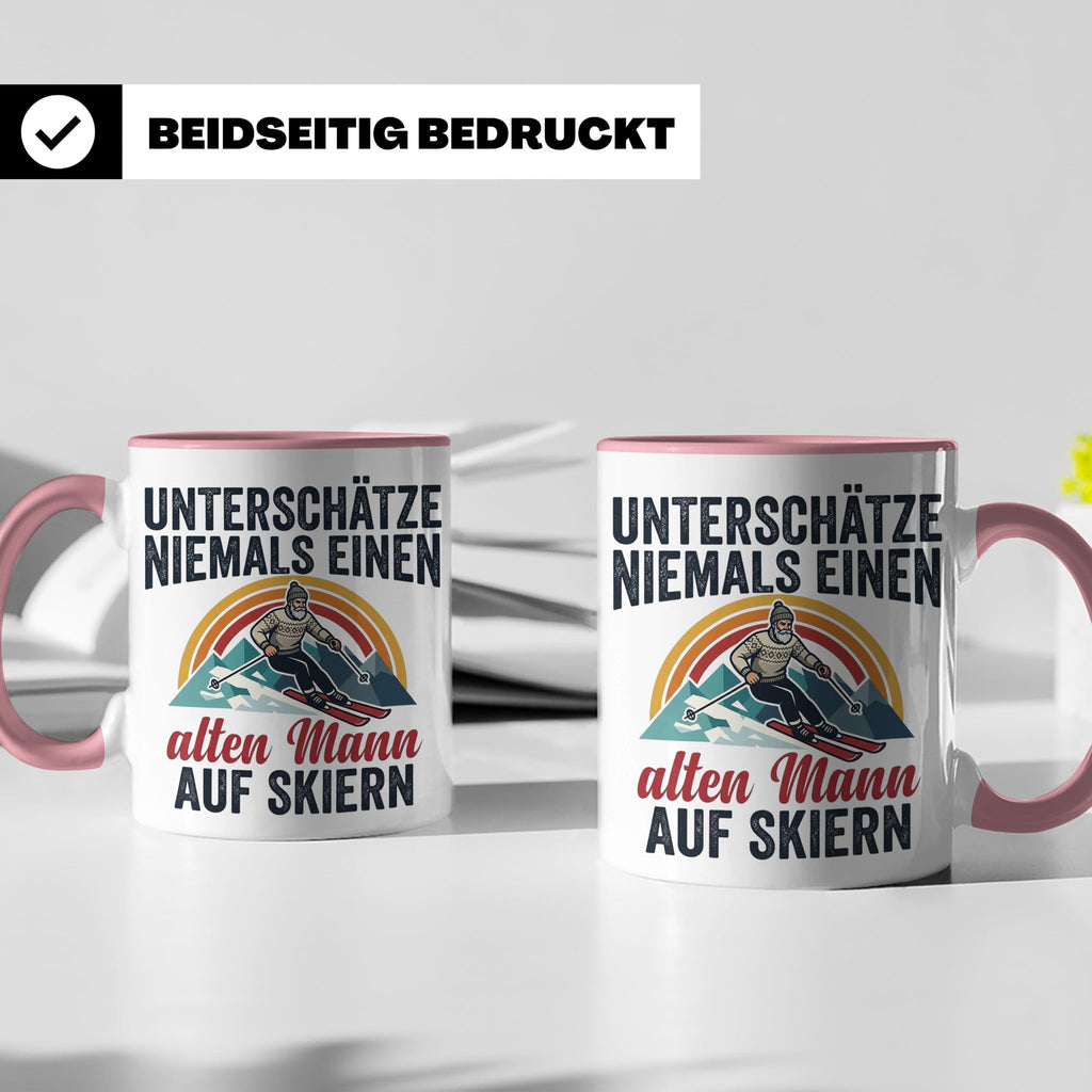 Alter Mann auf Skiern Tasse, lustiger Skifahrer Spruch für O – Rosa [farbe:rosa]