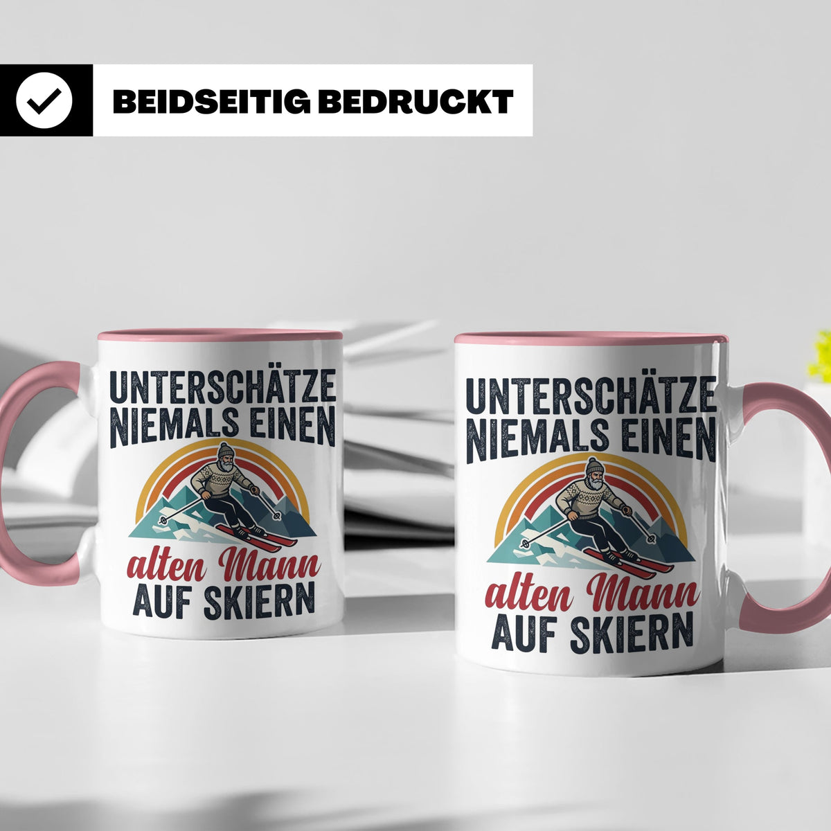 Alter Mann auf Skiern Tasse, lustiger Skifahrer Spruch für O – Rosa [farbe:rosa]