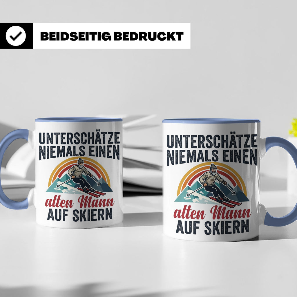 Alter Mann auf Skiern Tasse, lustiger Skifahrer Spruch für O – Blau [farbe:blau]