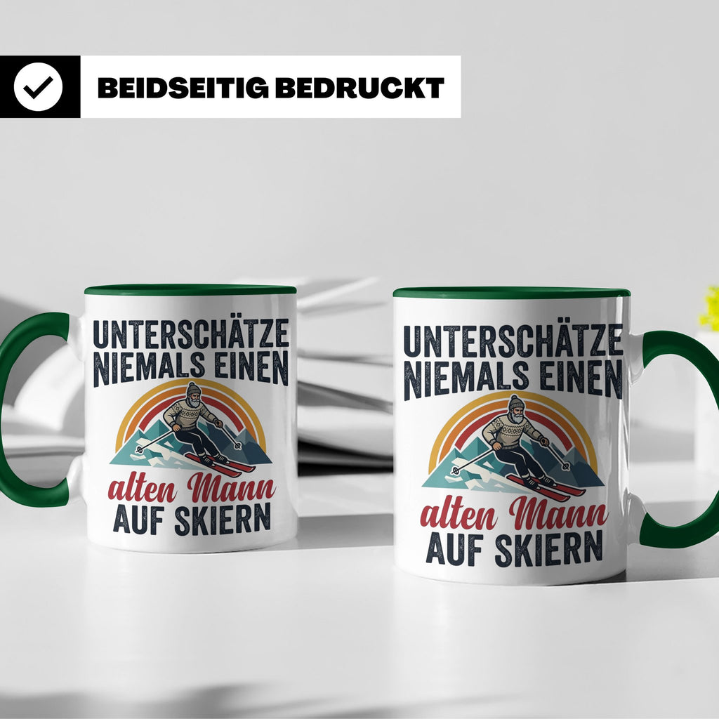 Alter Mann auf Skiern Tasse, lustiger Skifahrer Spruch für O – Grün [farbe:grün]