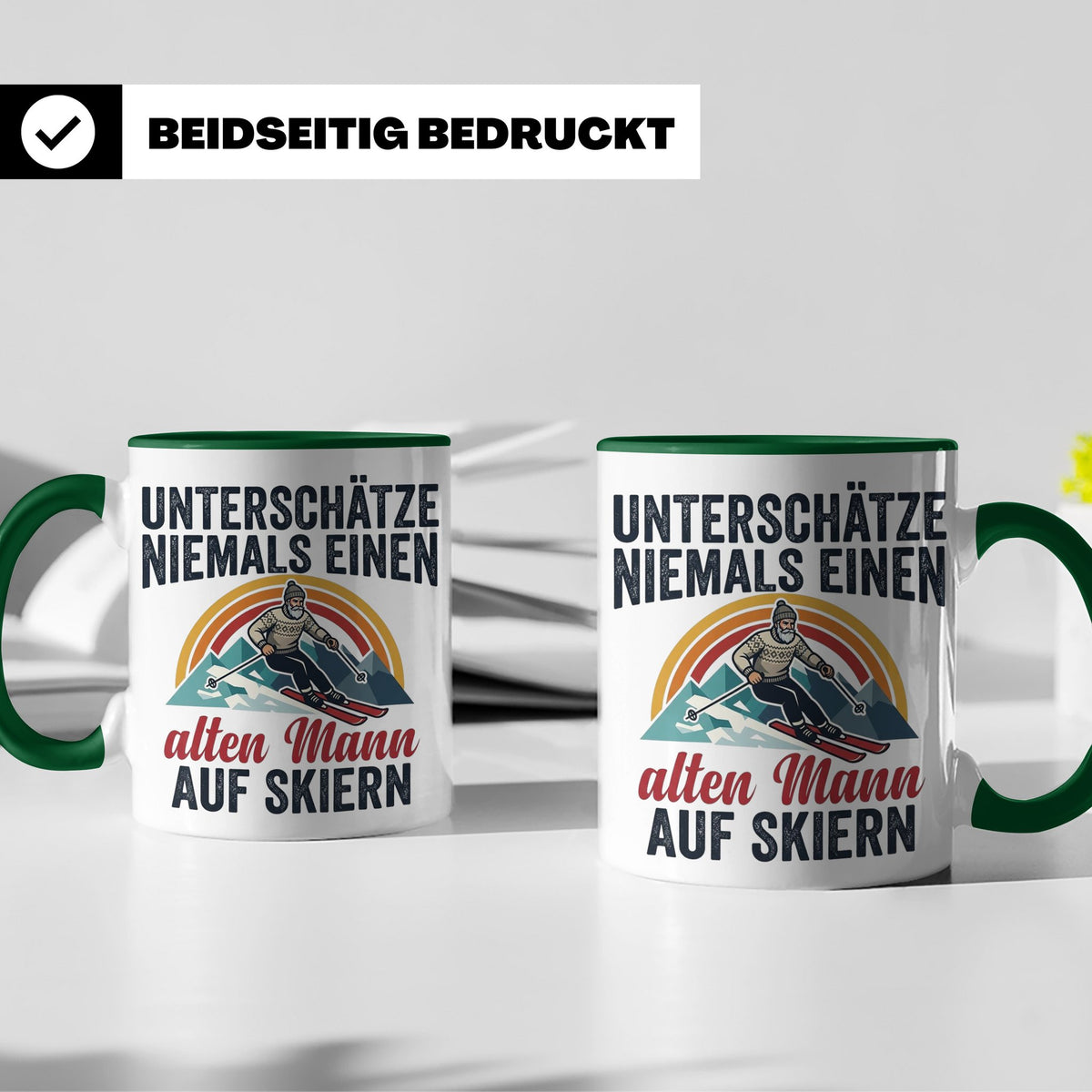 Alter Mann auf Skiern Tasse, lustiger Skifahrer Spruch für O – Grün [farbe:grün]