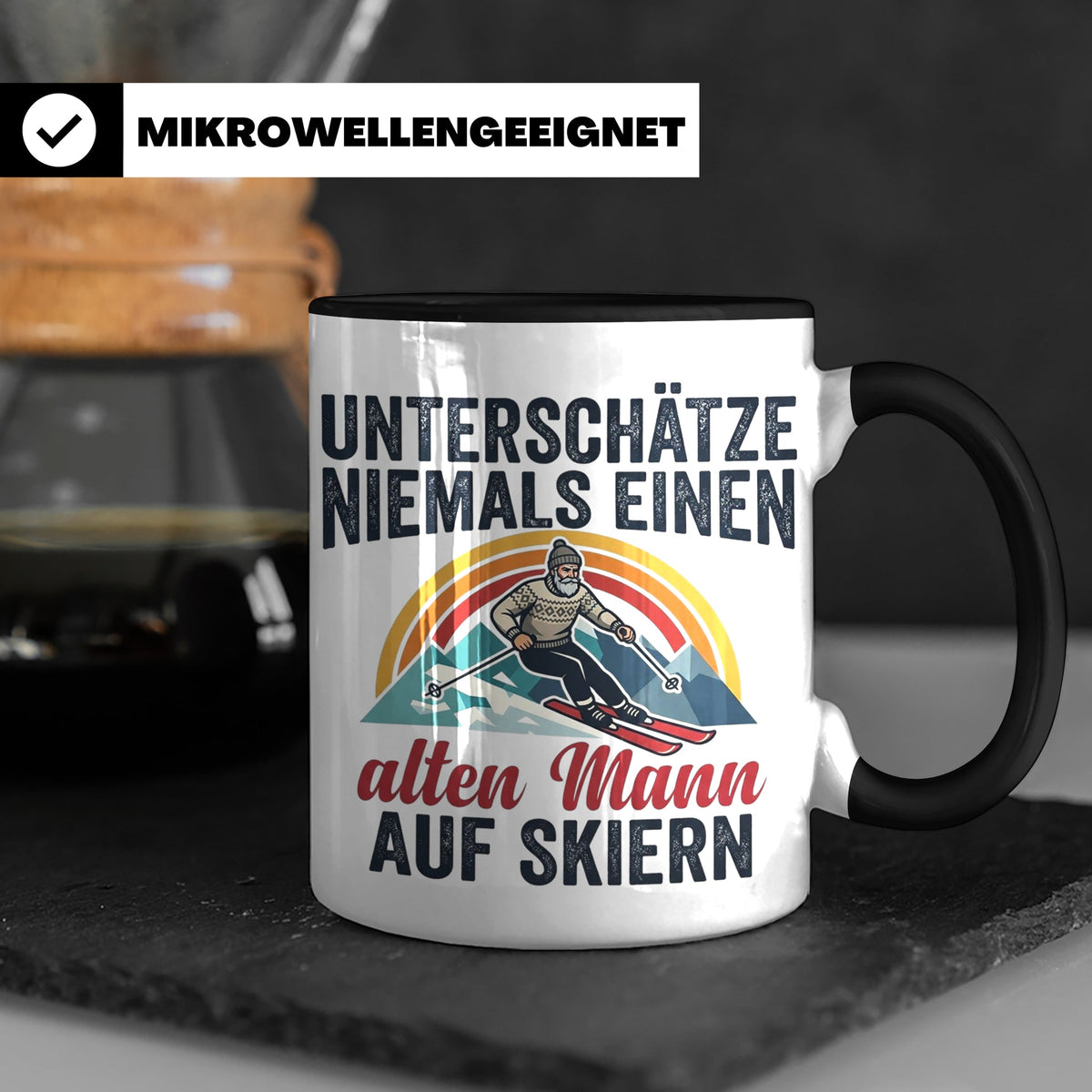 Alter Mann auf Skiern Tasse, lustiger Skifahrer Spruch für O – Schwarz [farbe:schwarz]