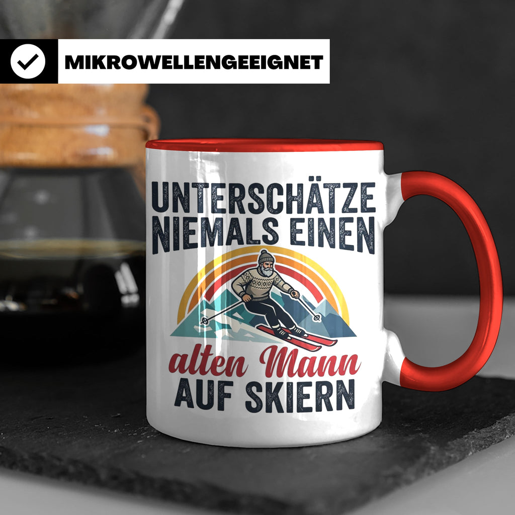 Alter Mann auf Skiern Tasse, lustiger Skifahrer Spruch für O – Rot [farbe:rot]