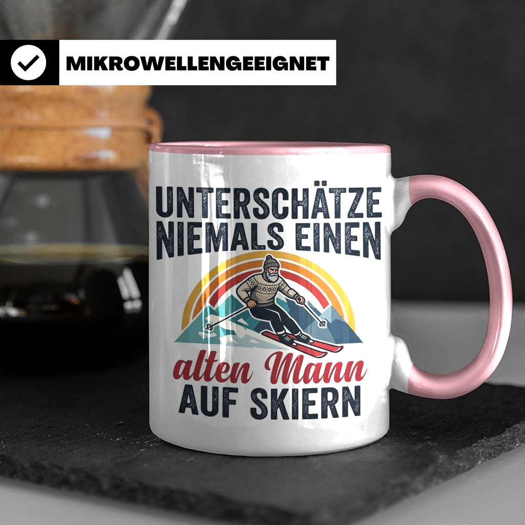 Alter Mann auf Skiern Tasse, lustiger Skifahrer Spruch für O – Rosa [farbe:rosa]