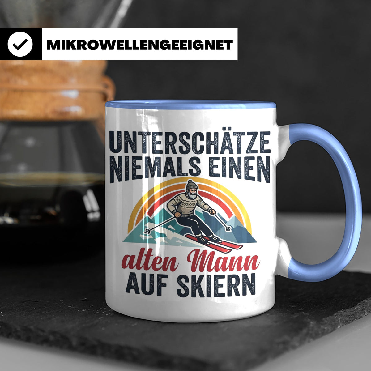 Alter Mann auf Skiern Tasse, lustiger Skifahrer Spruch für O – Blau [farbe:blau]