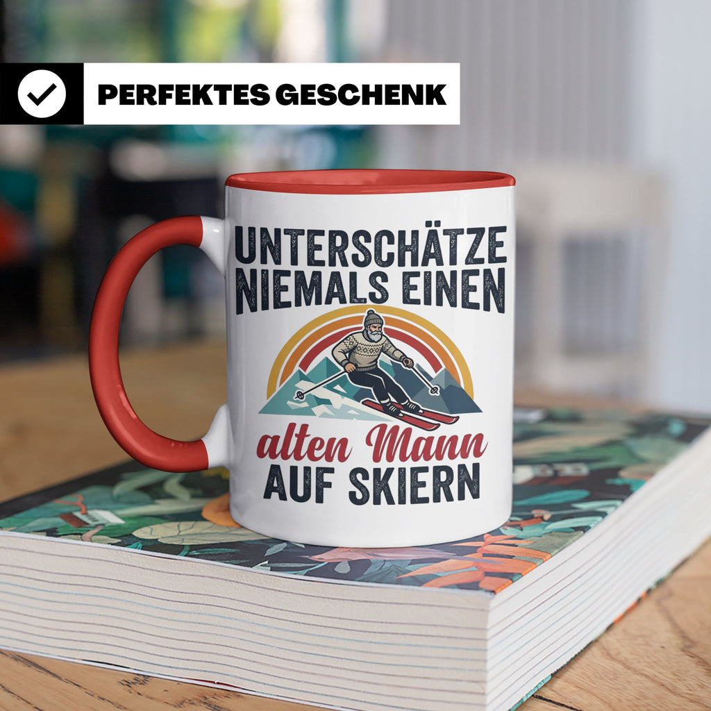 Alter Mann auf Skiern Tasse, lustiger Skifahrer Spruch für O – Rot [farbe:rot]