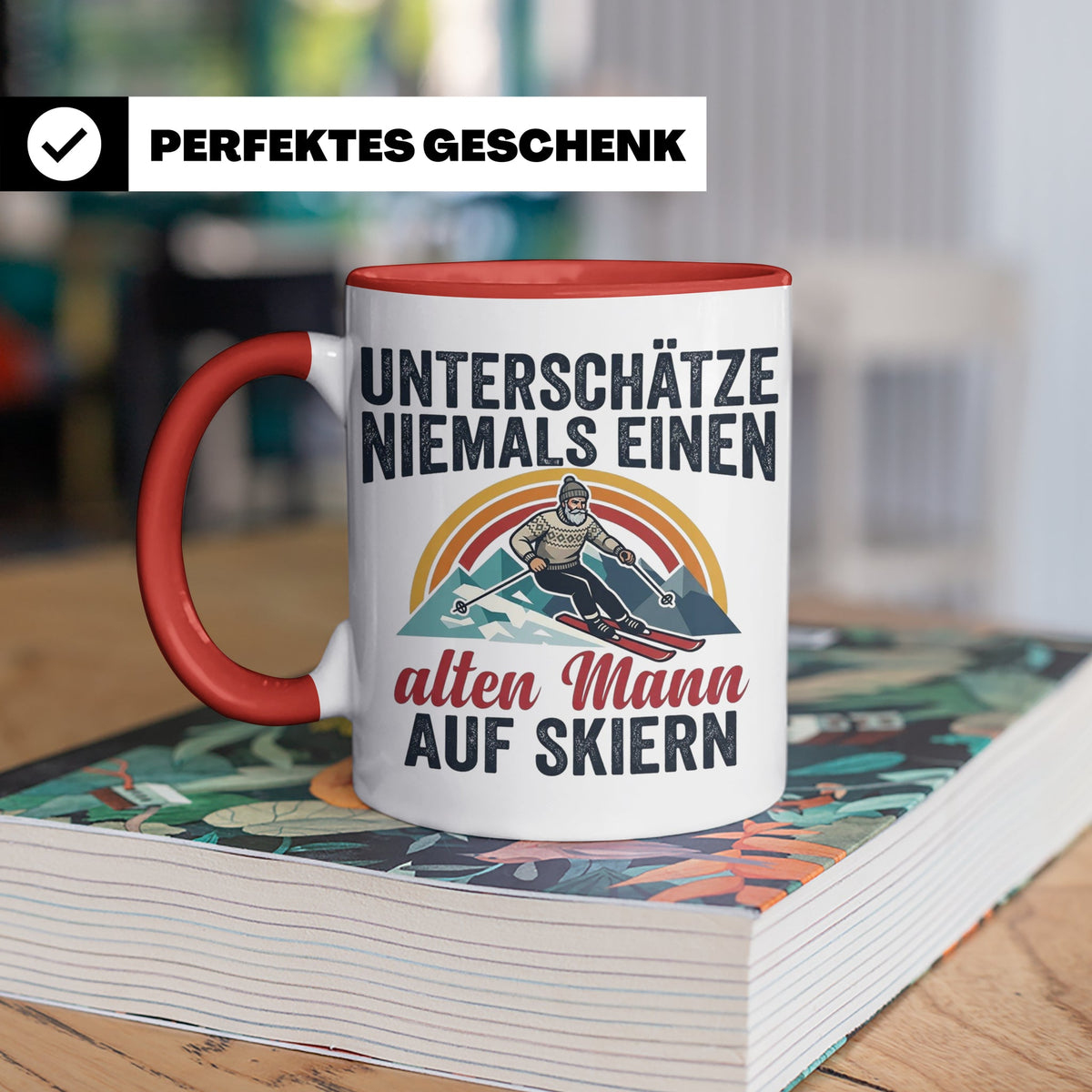 Alter Mann auf Skiern Tasse, lustiger Skifahrer Spruch für O – Rot [farbe:rot]