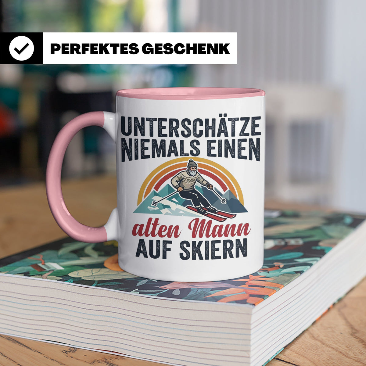 Alter Mann auf Skiern Tasse, lustiger Skifahrer Spruch für O – Rosa [farbe:rosa]