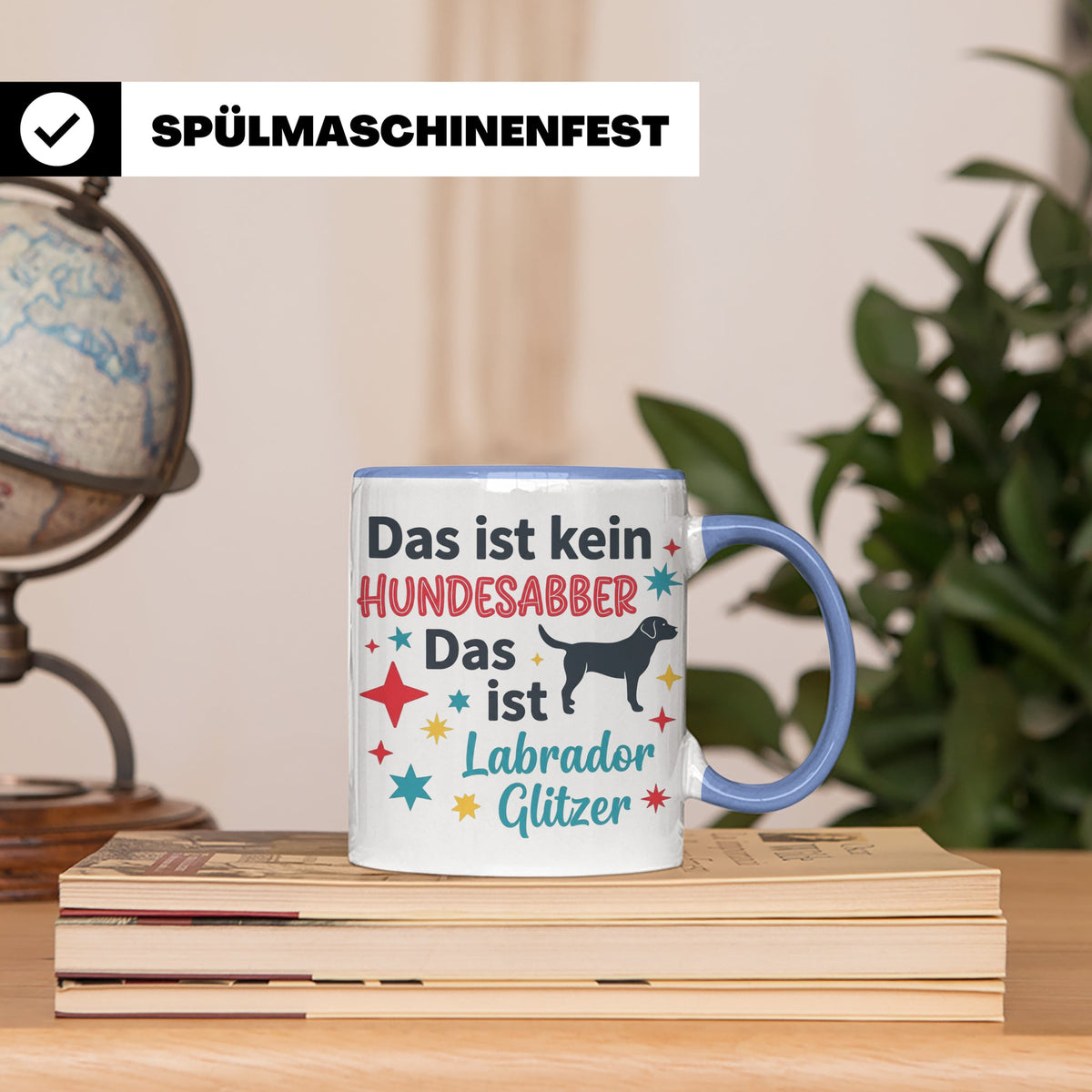 Labrador Tasse mit Spruch Hundesabber ist Labrador Glitzer.  – Blau [farbe:blau]