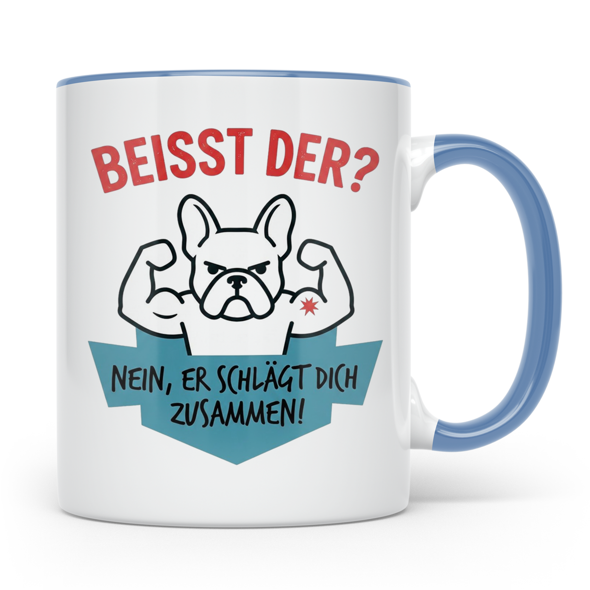 Französische Bulldogge Tasse mit Spruch Beisst der? Nein er  – Blau [farbe:blau]