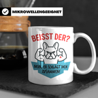 Französische Bulldogge Tasse mit Spruch Beisst der? Nein er  – Weiß [farbe:weiß]
