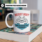 Französische Bulldogge Tasse mit Spruch Beisst der? Nein er  – Weiß [farbe:weiß]
