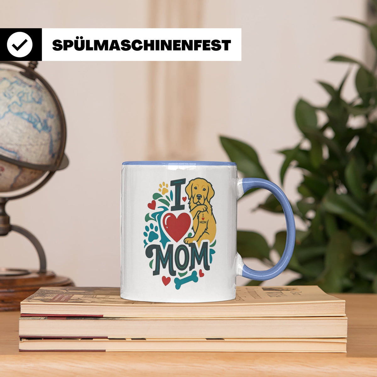 Golden Retriever Tasse für Hundemama, I Love Mom Spruch, Ges – Blau [farbe:blau]