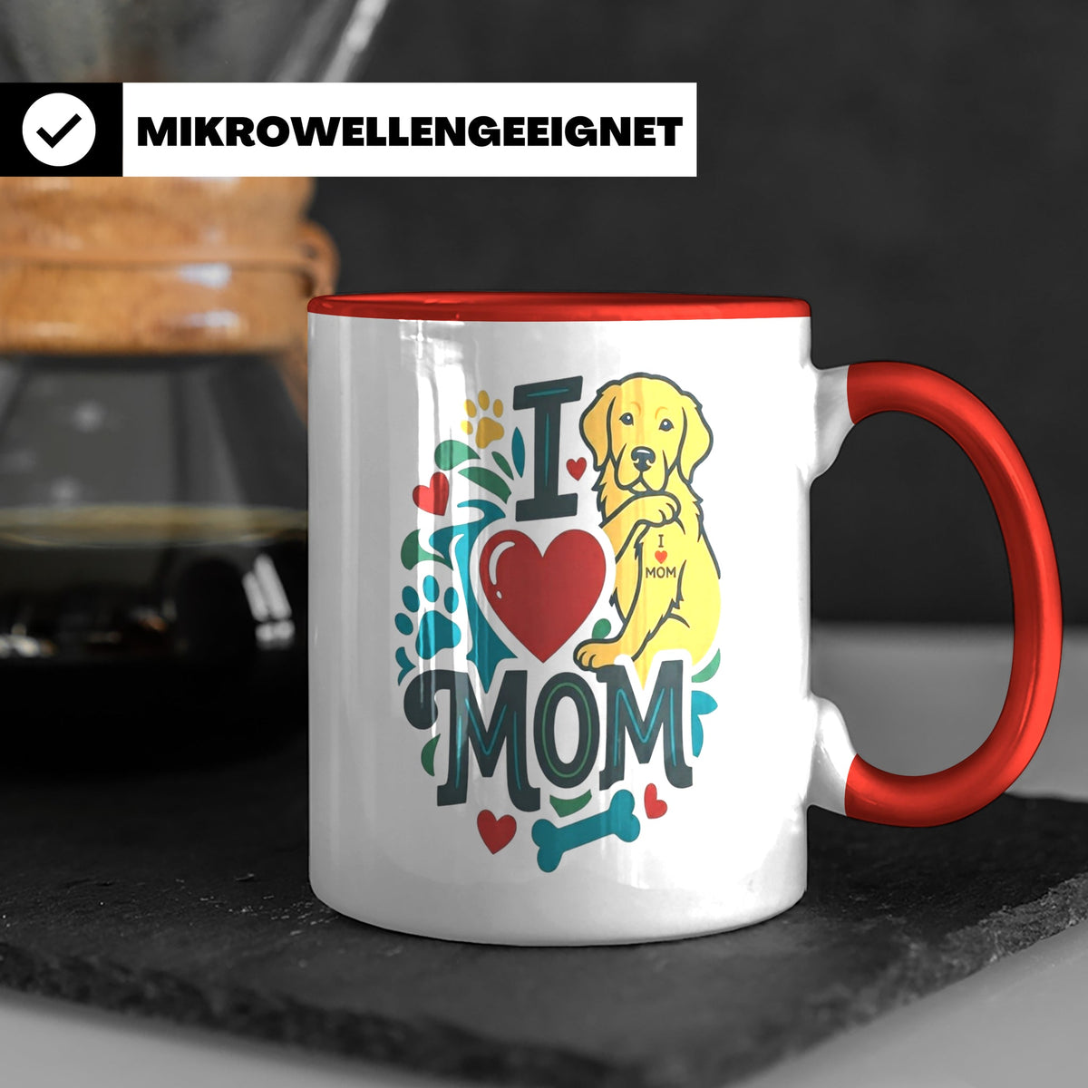Golden Retriever Tasse für Hundemama, I Love Mom Spruch, Ges – Rot [farbe:rot]