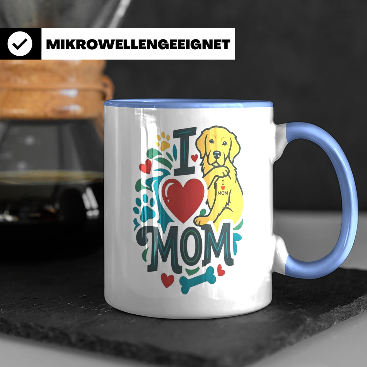 Golden Retriever Tasse für Hundemama, I Love Mom Spruch, Ges – Blau [farbe:blau]