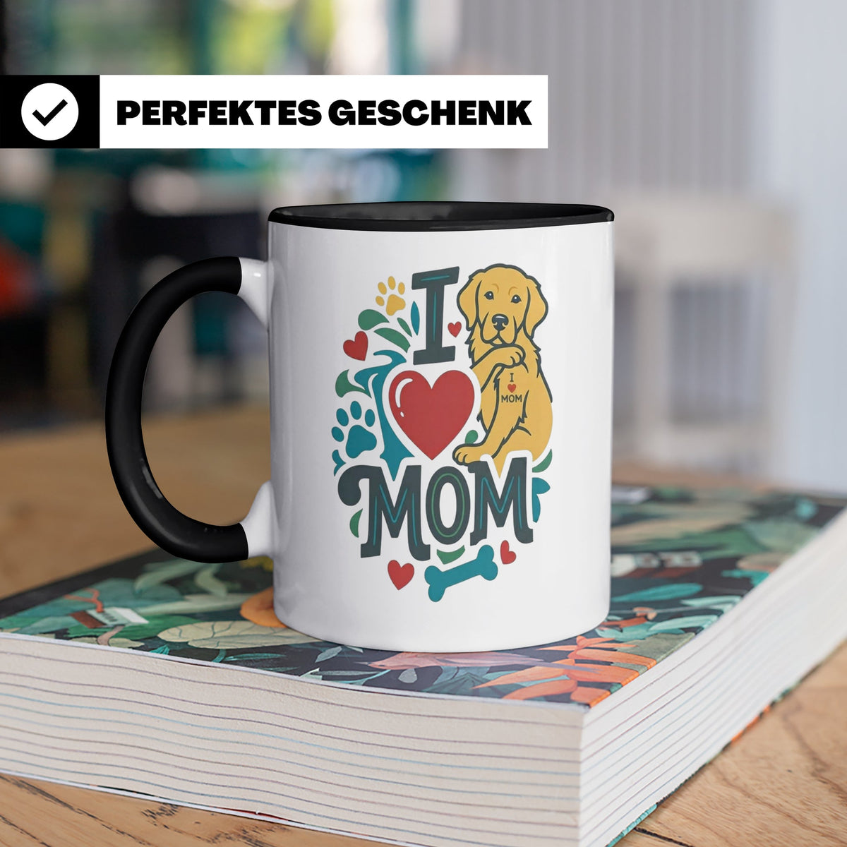 Golden Retriever Tasse für Hundemama, I Love Mom Spruch, Ges – Schwarz [farbe:schwarz]