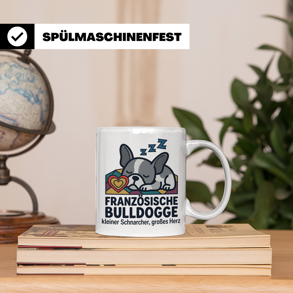 Französische Bulldogge Tasse mit Spruch kleiner Schnarcher g – Weiß [farbe:weiß]