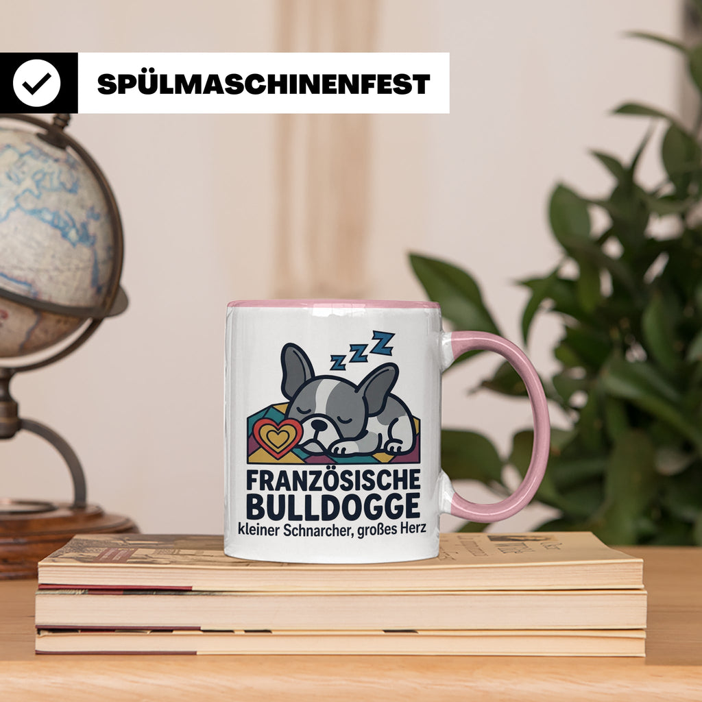 Französische Bulldogge Tasse mit Spruch kleiner Schnarcher g – Rosa [farbe:rosa]