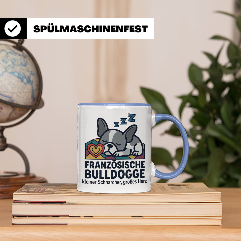 Französische Bulldogge Tasse mit Spruch kleiner Schnarcher g – Blau [farbe:blau]