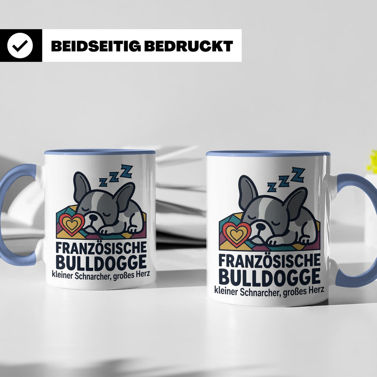 Französische Bulldogge Tasse mit Spruch kleiner Schnarcher g – Blau [farbe:blau]