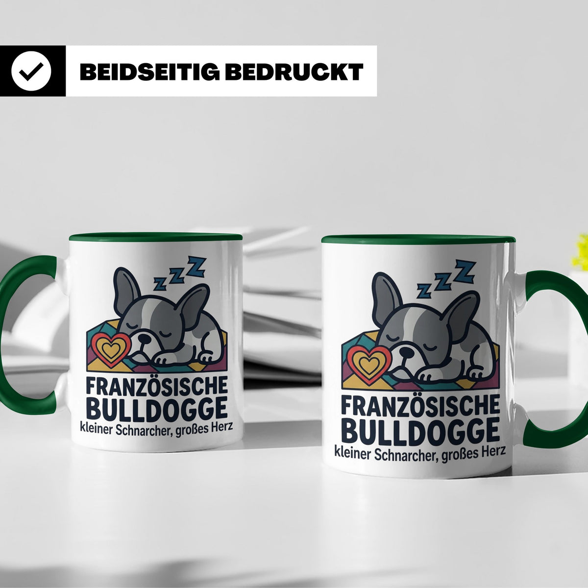 Französische Bulldogge Tasse mit Spruch kleiner Schnarcher g – Grün [farbe:grün]