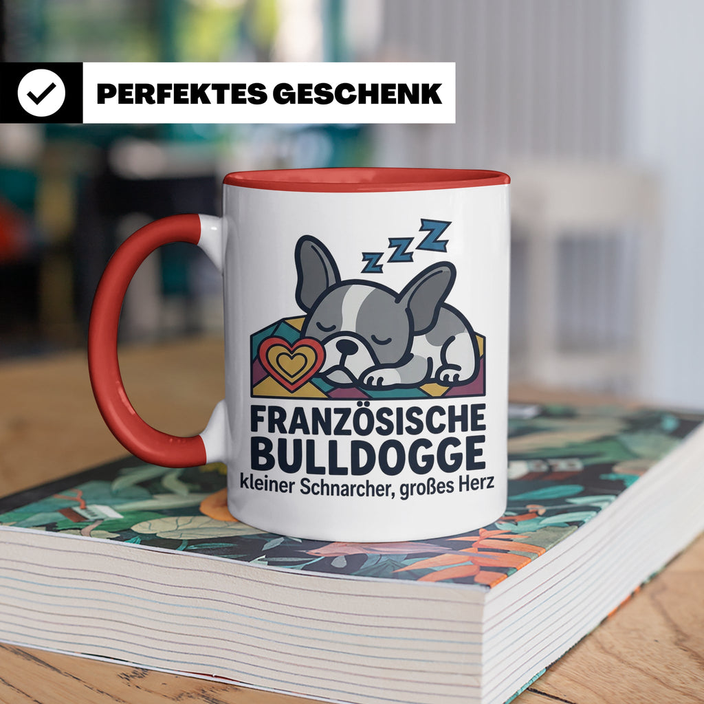 Französische Bulldogge Tasse mit Spruch kleiner Schnarcher g – Rot [farbe:rot]