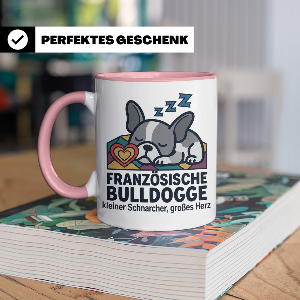 Französische Bulldogge Tasse mit Spruch kleiner Schnarcher g – Rosa [farbe:rosa]