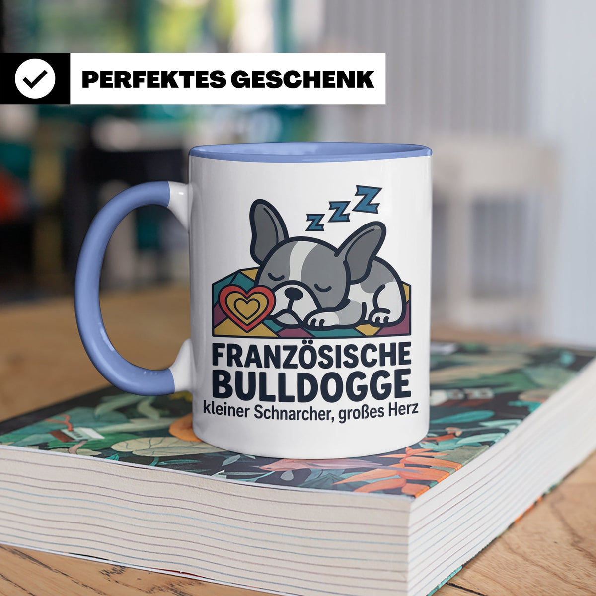 Französische Bulldogge Tasse mit Spruch kleiner Schnarcher g – Blau [farbe:blau]