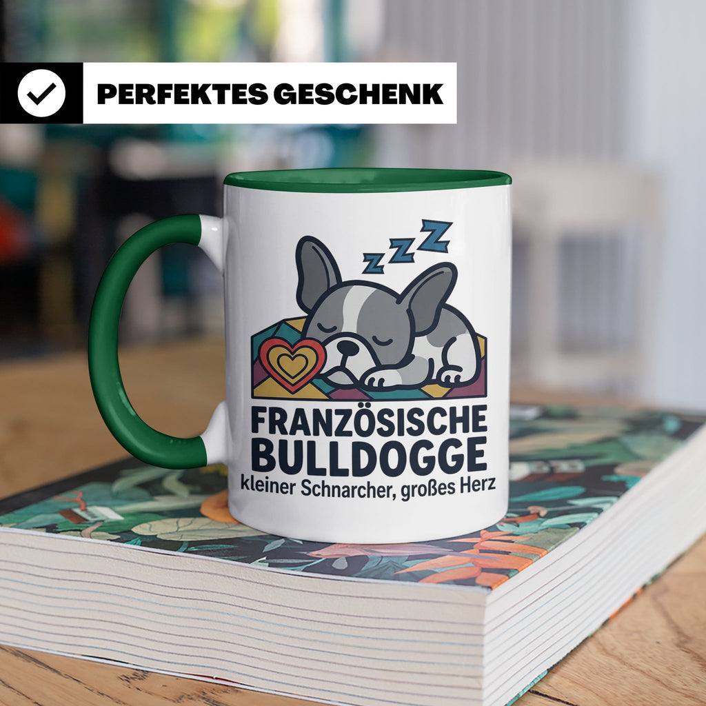Französische Bulldogge Tasse mit Spruch kleiner Schnarcher g – Grün [farbe:grün]