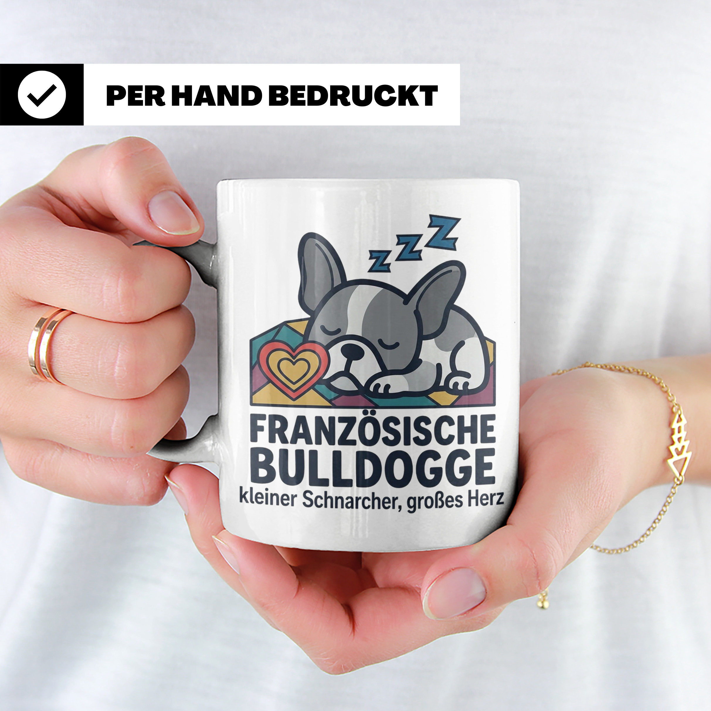 Französische Bulldogge Tasse mit Spruch kleiner Schnarcher g – Weiß [farbe:weiß]