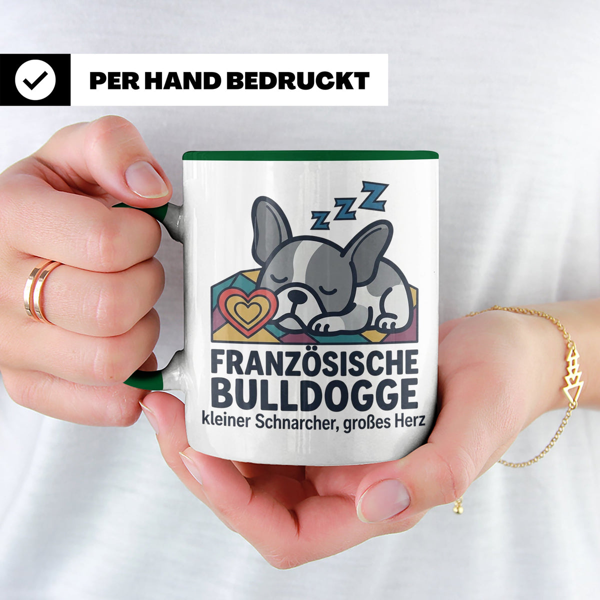 Französische Bulldogge Tasse mit Spruch kleiner Schnarcher g – Grün [farbe:grün]