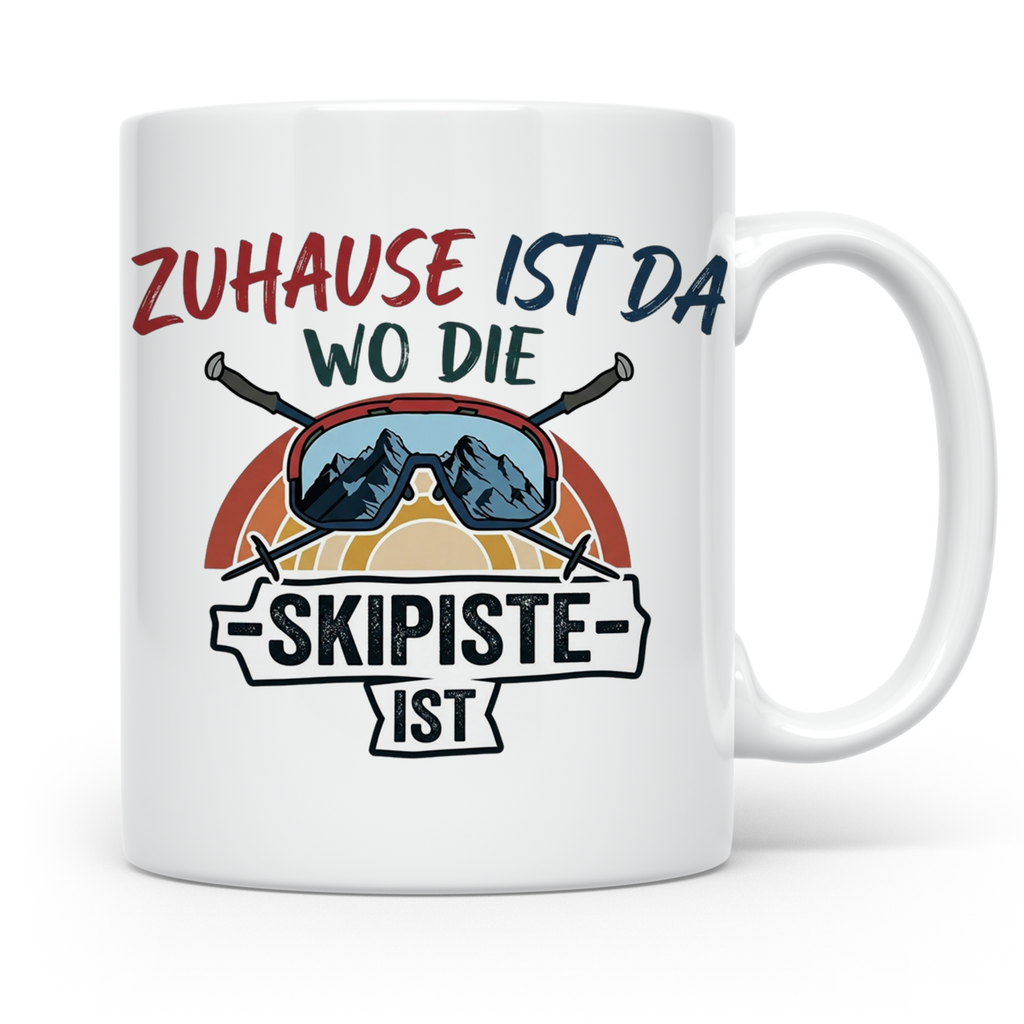 Skifahrer Tasse mit Spruch Zuhause ist da wo die Skipiste is – Weiß [farbe:weiß]