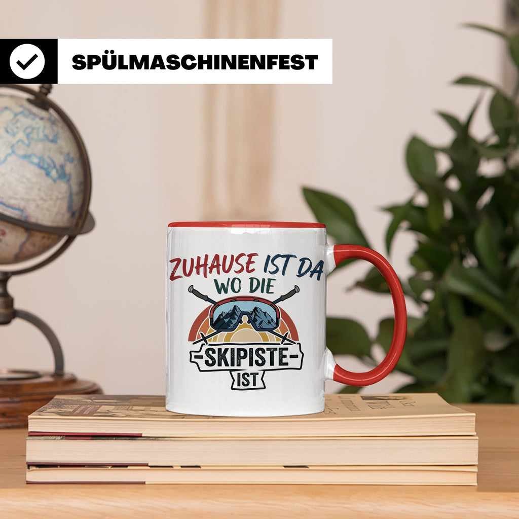Skifahrer Tasse mit Spruch Zuhause ist da wo die Skipiste is – Rot [farbe:rot]