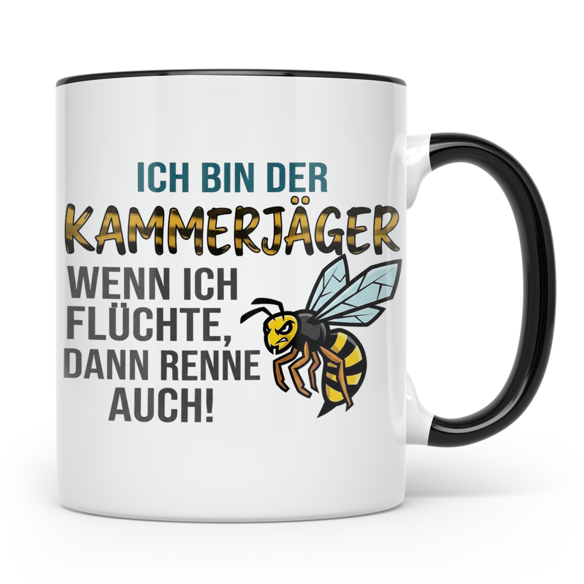 Kammerjäger Tasse mit Spruch Wenn ich flüchte renne auch | G – Schwarz [farbe:schwarz]