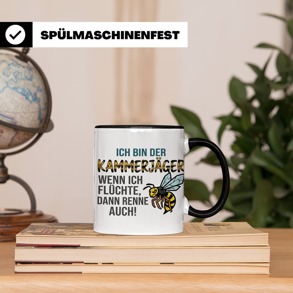 Kammerjäger Tasse mit Spruch Wenn ich flüchte renne auch | G – Schwarz [farbe:schwarz]