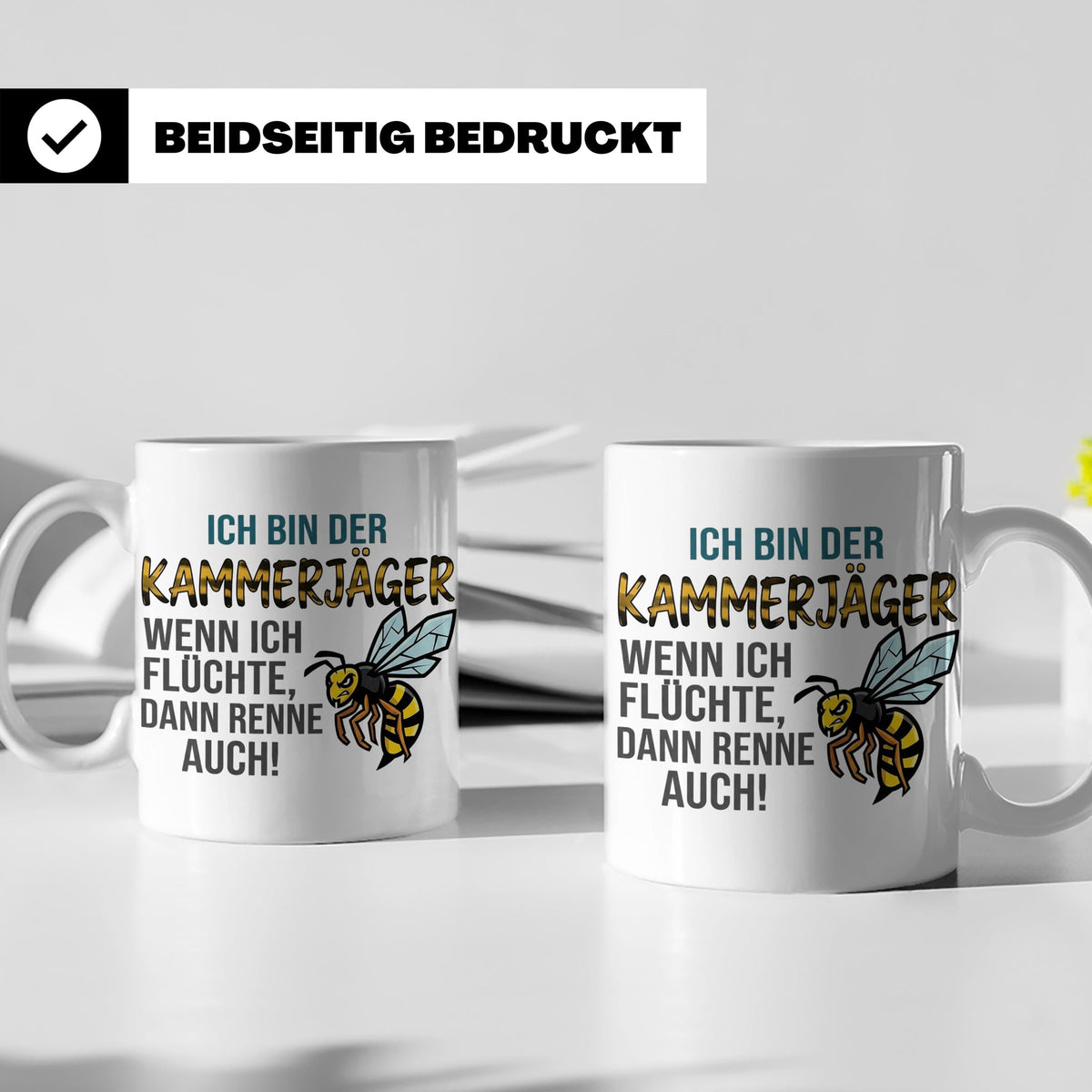 Kammerjäger Tasse mit Spruch Wenn ich flüchte renne auch | G – Weiß [farbe:weiß]