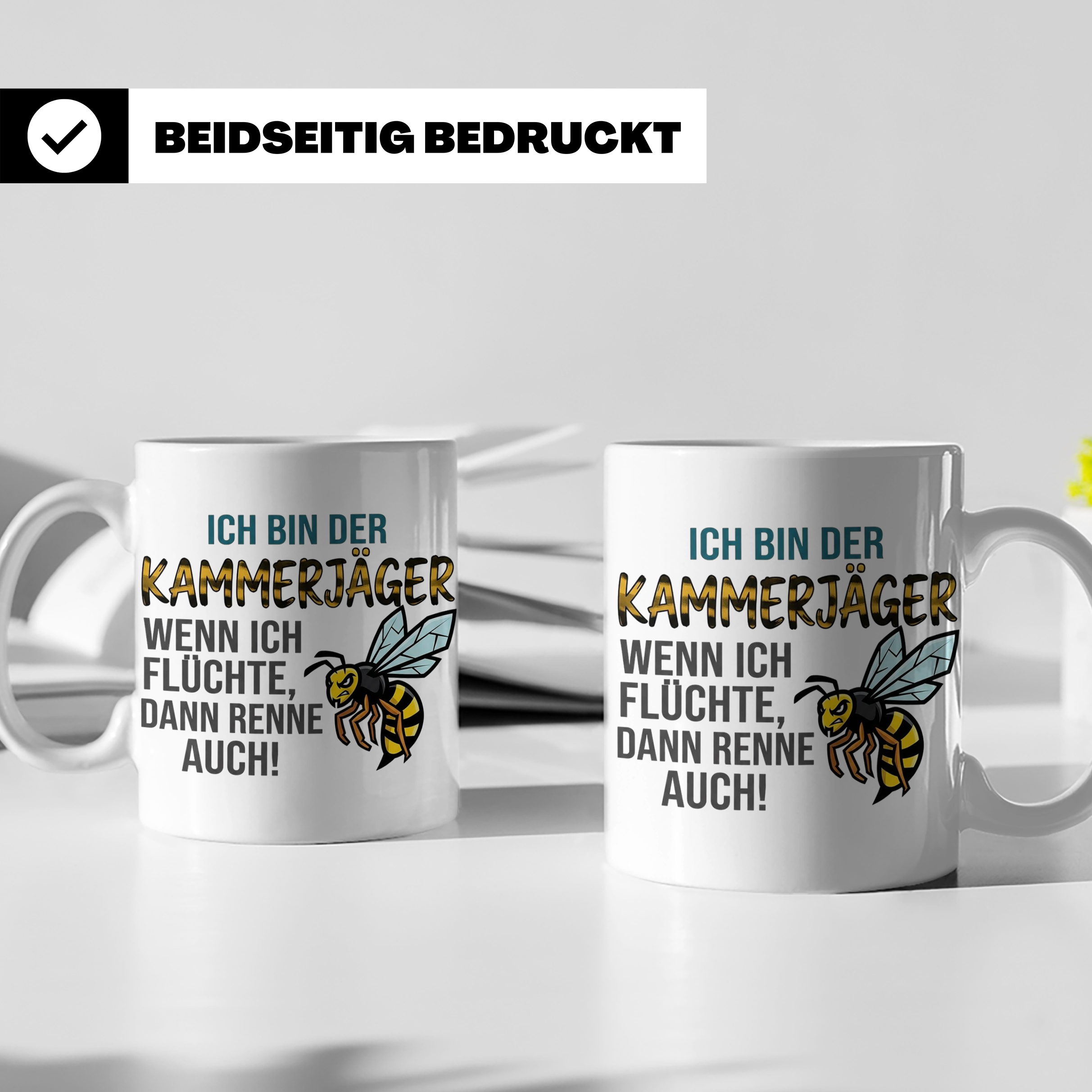 Kammerjäger Tasse mit Spruch Wenn ich flüchte renne auch | G – Weiß [farbe:weiß]