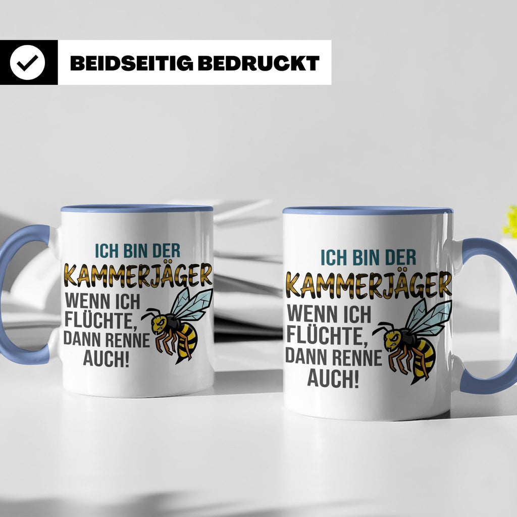 Kammerjäger Tasse mit Spruch Wenn ich flüchte renne auch | G – Blau [farbe:blau]