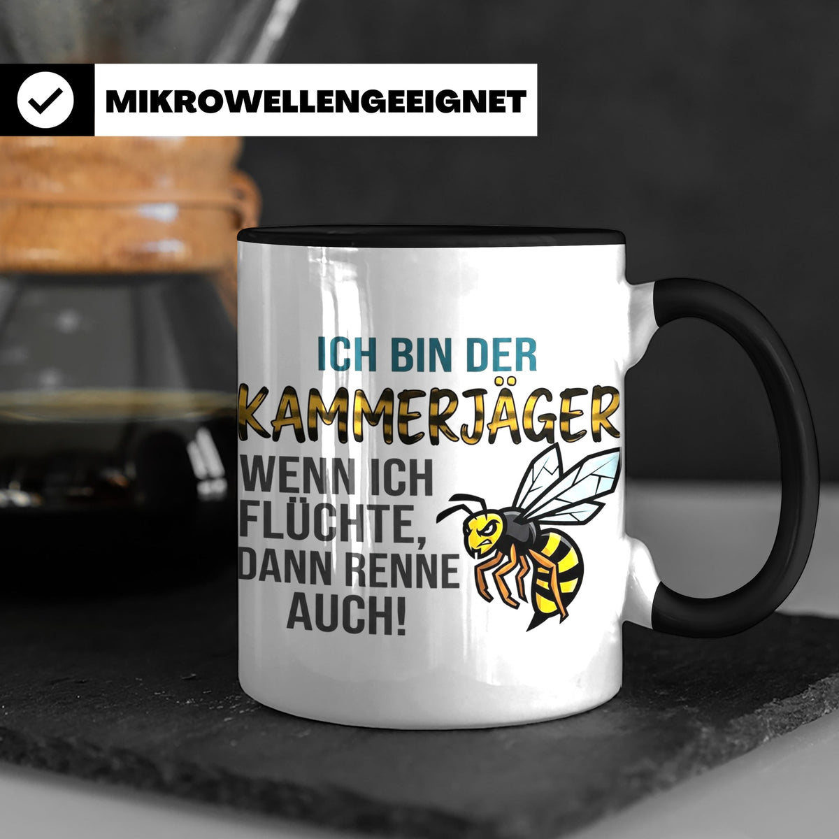 Kammerjäger Tasse mit Spruch Wenn ich flüchte renne auch | G – Schwarz [farbe:schwarz]