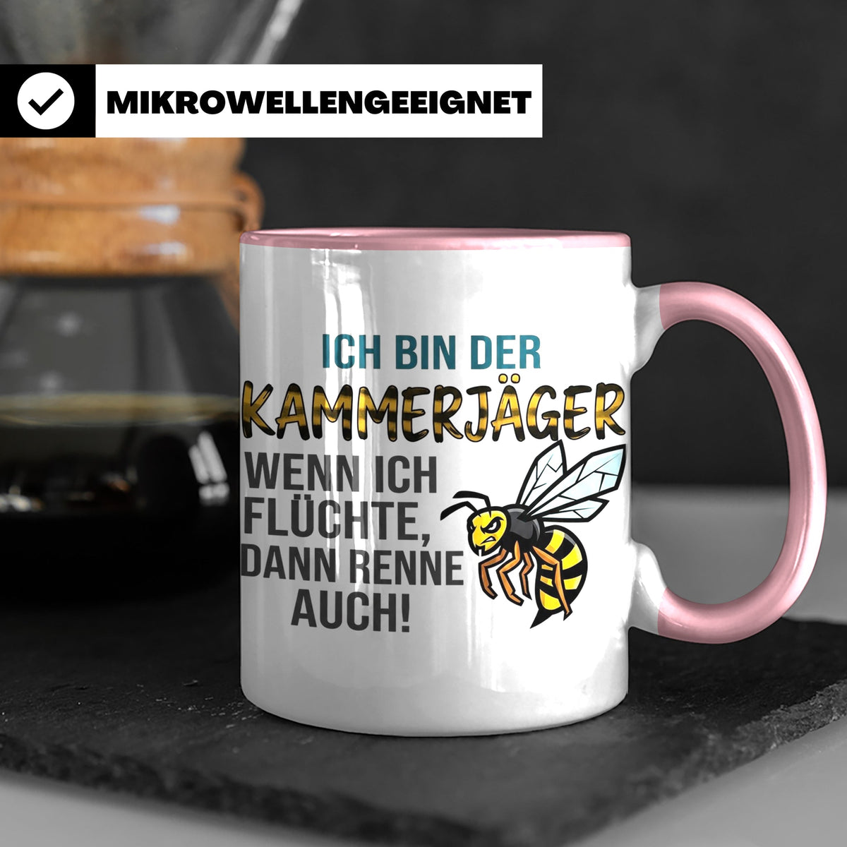Kammerjäger Tasse mit Spruch Wenn ich flüchte renne auch | G – Rosa [farbe:rosa]