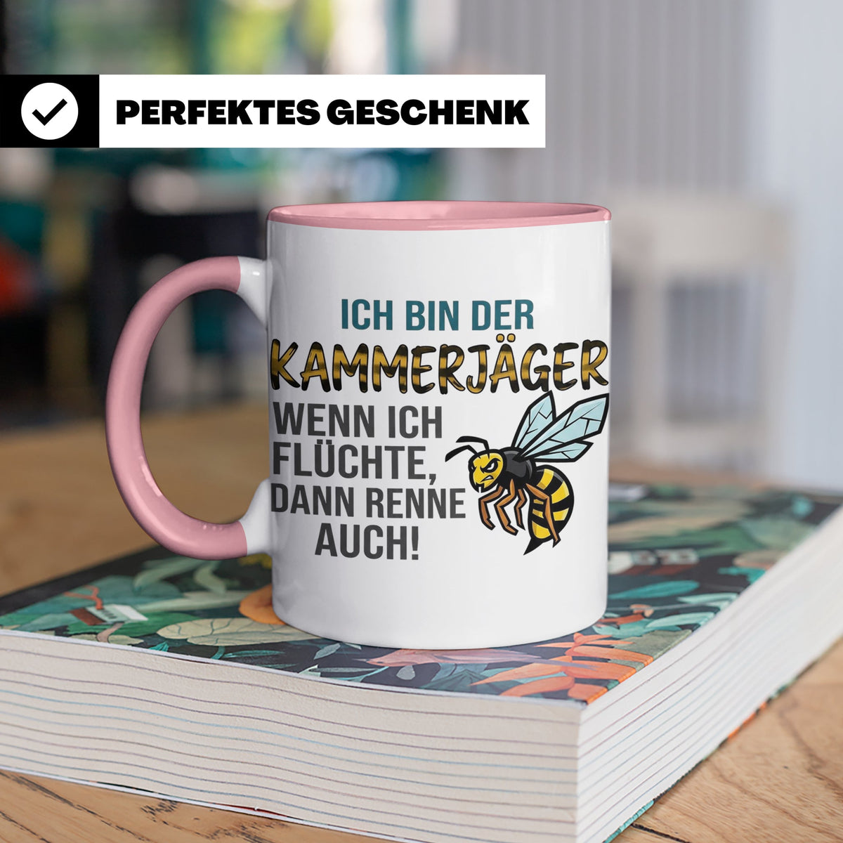 Kammerjäger Tasse mit Spruch Wenn ich flüchte renne auch | G – Rosa [farbe:rosa]