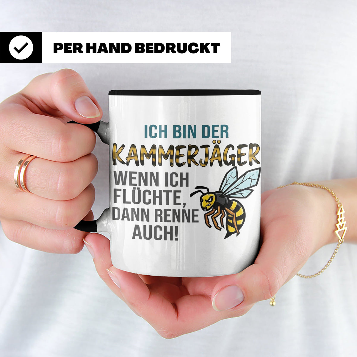 Kammerjäger Tasse mit Spruch Wenn ich flüchte renne auch | G – Schwarz [farbe:schwarz]