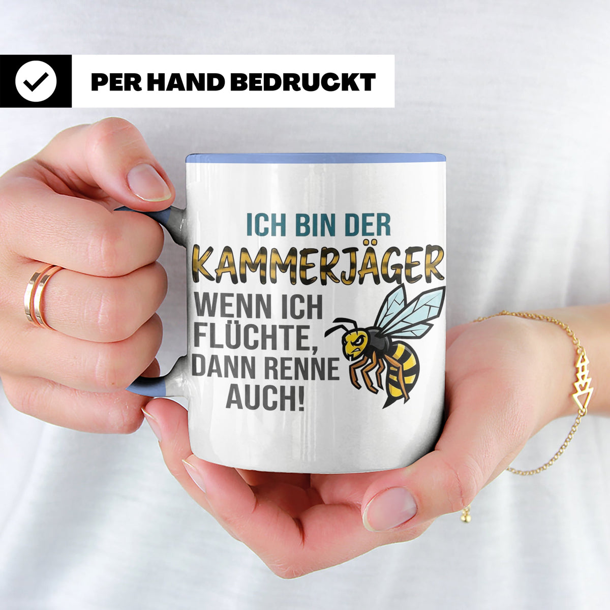 Kammerjäger Tasse mit Spruch Wenn ich flüchte renne auch | G – Blau [farbe:blau]